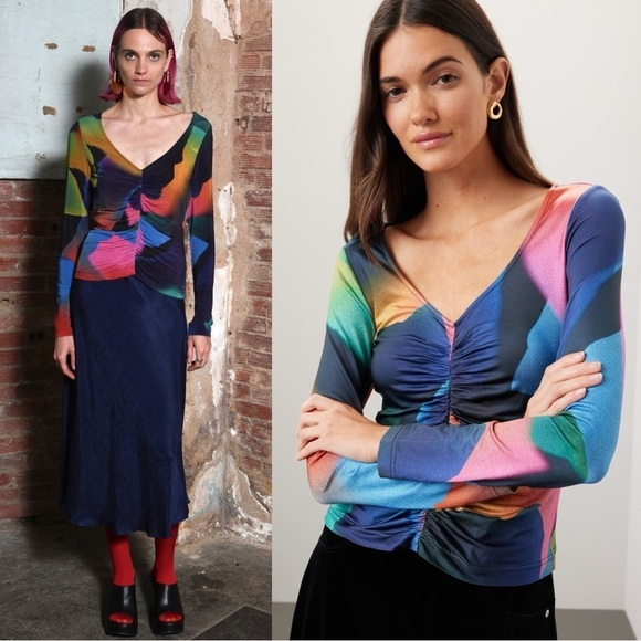 UNTITLED IN MOTION 90s Abstract Print Ruched V-Neck Long Sleeve Slim Fit Top S - Picture 6 of 14